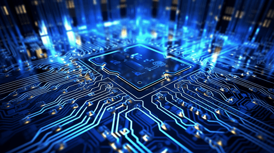 深蓝摄影照片_抽象未来电路板。互联网科技、计算机科技深蓝背景 科学技术概念。
