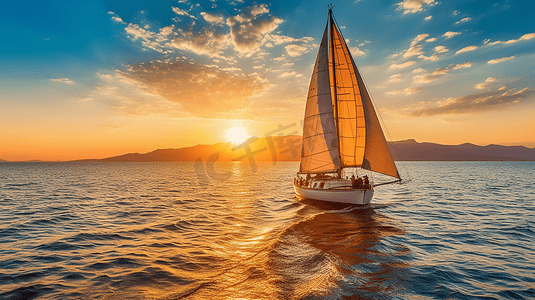 夕阳下航行帆船游艇航海旅行假期