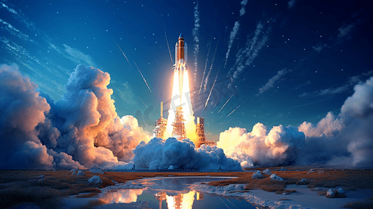 火箭成功发射到太空，背景是满月、陨石坑和星星。航天飞机向外太空发射，太空任务概念的开始