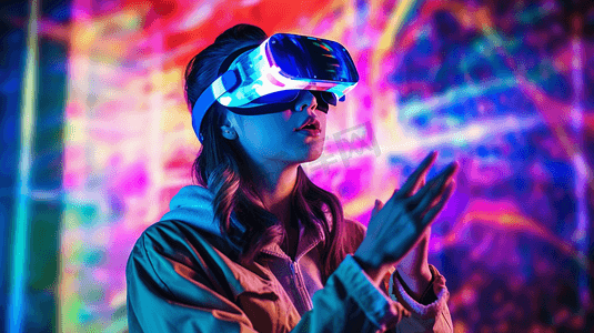 一名妇女使用虚拟现实头戴式耳机环顾四周，观看多色投影仪照明的互动技术展览。VR增强现实沉浸式娱乐概念
