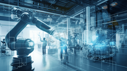 工业4.0机器人概念。工程师们正在使用虚拟增强现实技术来维护和检查4.0智能工厂中人类机器人的工作。
