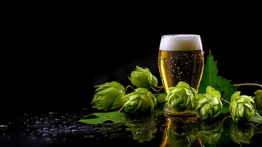 一杯冰啤酒放在黑色的桌子和绿色的啤酒花边