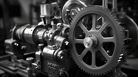 复古材质摄影照片_复古工程老齿轮机黑白

