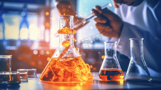 科学家将化学液体滴入显微镜，实验室研究概念;化学方程式;双重曝光方式