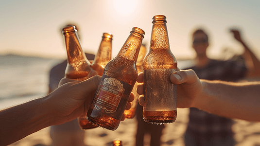 海滩摄影照片_一群朋友在海滩上碰杯啤酒