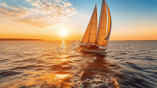 自己做的帆船摄影照片_夕阳下航行帆船游艇航海旅行假期