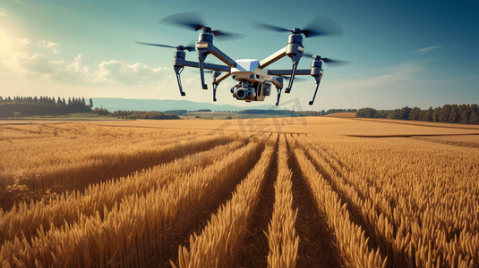 现代化农业摄影照片_带摄像头的四轴飞行器在田野上空飞行。智慧农业概念