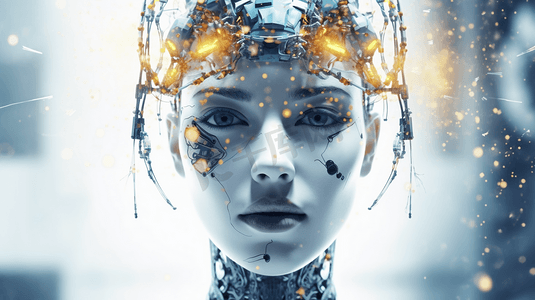 机械科技背景摄影照片_神经网络。深度学习。人工智能概念。机器人的脸和建筑的抽象背景
