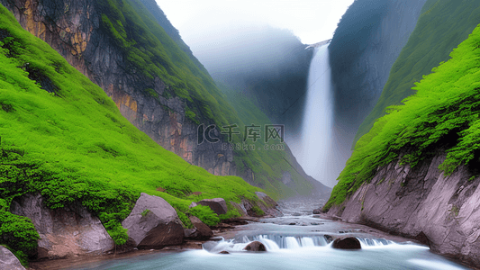 瀑布背景图片_山川壮丽云雾山谷瀑布风景