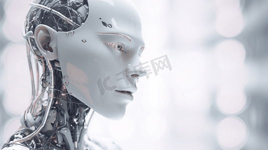 神经网络。深度学习。人工智能概念。机器人的脸和建筑的抽象背景

