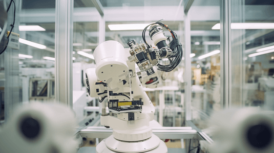 智能科技摄影照片_机器人视觉传感器摄像头系统在智能工厂制造工业4.0和技术概念
