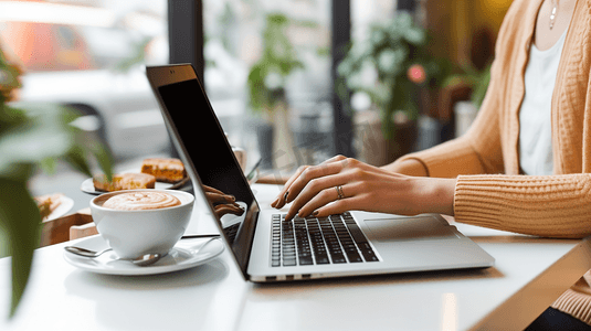 女人的手在笔记本电脑键盘上打字，白色的空白屏幕上有你的广告内容的复制空间，坐在咖啡店的桌子上，手机和蛋糕放在她旁边。有选择性的重点
