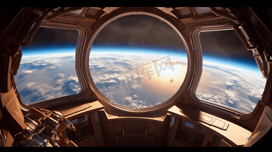 从空间站的窗口看外太空，这张图片的元素由NASA的3D渲染提供。
