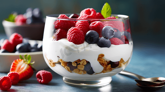 水果草莓摄影照片_健康早餐水果沙拉搭配酸奶和麦片
