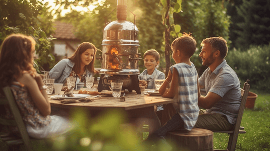 交友派对摄影照片_烧烤派对快乐的夏季家庭晚餐在家里户外复古风格的父母和儿童炭炉