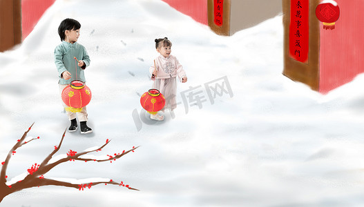 创意元宵节摄影照片_过新年的快乐儿童拿着红灯笼