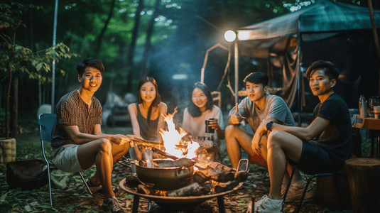烧烤墙面摄影照片_一群亚洲朋友在家庭花园的晚餐时间露营和烧烤