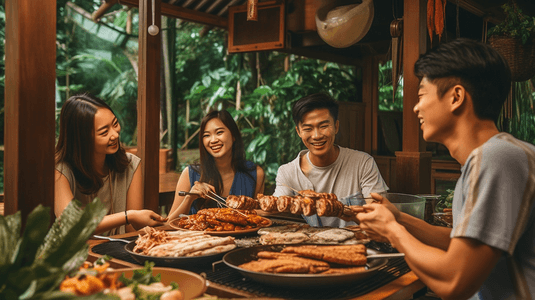 一群亚洲朋友在家庭花园的晚餐时间露营和烧烤