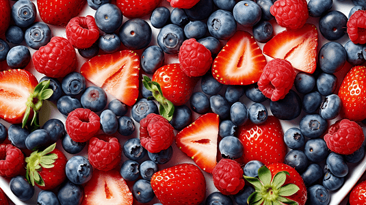 水果草莓摄影照片_新鲜的浆果草莓蓝莓树莓