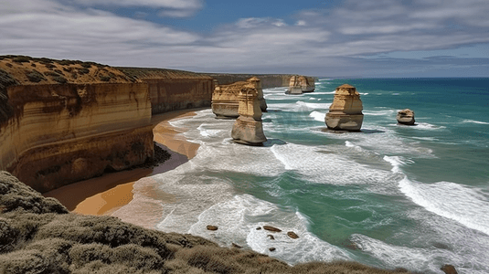 水波浪摄影照片_十二使徒岩是澳大利亚维多利亚大洋路旁坎贝尔港公园海岸的