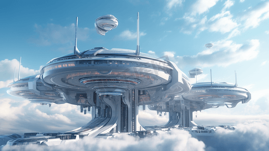 云上的未来城市站。飞行的未来飞船。未来的概念。3 d渲染。
