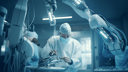 手术摄影照片_机器人手术。机器人外科医生在手术台上给病人做手术。机械臂拿着手术器械。现代医疗技术。医学创新。未来的概念。
