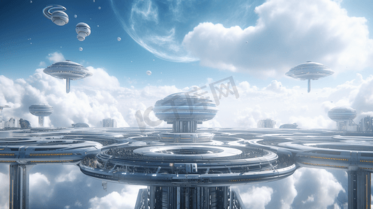 云上的未来城市站。飞行的未来飞船。未来的概念。3 d渲染。
