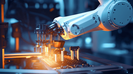 工业4.0机器人概念。工程师在工厂使用笔记本电脑进行机器维护自动化工具机械臂。
