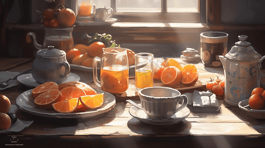 小甜点背景摄影照片_西餐早餐面包橙汁水果