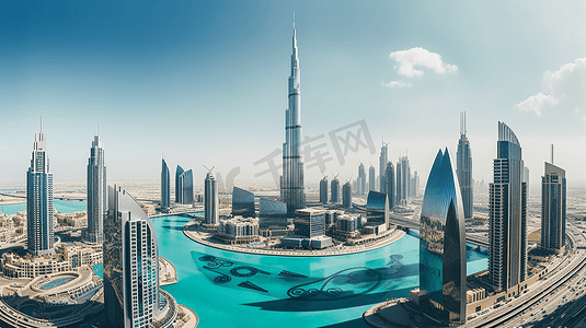 智慧监管暖色调摄影照片_阿联酋迪拜商业湾全景
