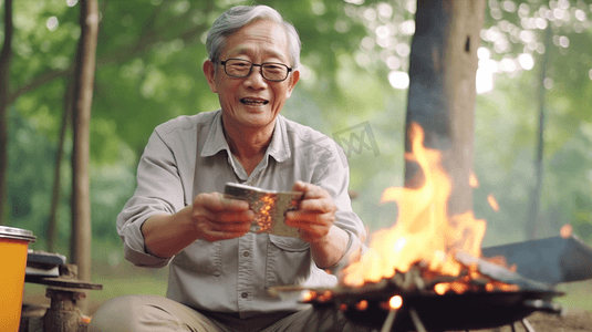 亚洲老人用智能手机给他的家人拍照，他们在湖边旅行和野餐，他们露营，用炉子烧烤，幸福的家庭活动