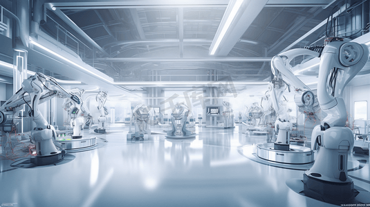 现代智能科技摄影照片_自动化工厂的概念与3d渲染半机械人在工厂

