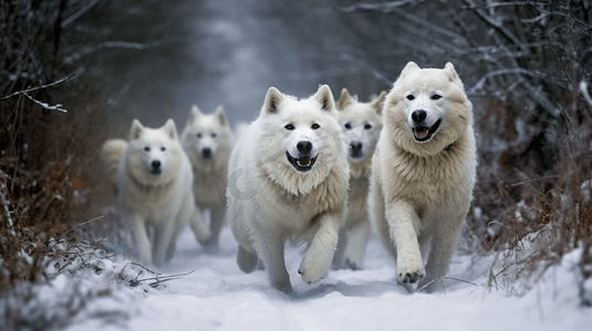 在冬天拉着雪橇比赛的狗在骑马时候糊状追求小狗