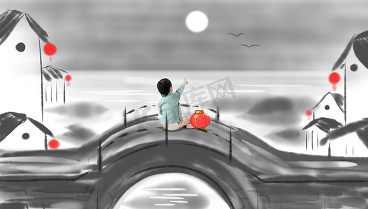 灯笼月亮摄影照片_小男孩坐在桥上看月亮