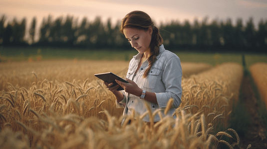 智慧农场摄影照片_一位女农民正在检查田里的谷物，并将数据从平板电脑发送到云端。智能农业和数字农业。
