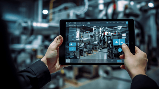 工业4.0增强现实概念。手持平板，AR服务维护应用，呼叫技术人员在智能工厂后台检查破坏部分智能机器
