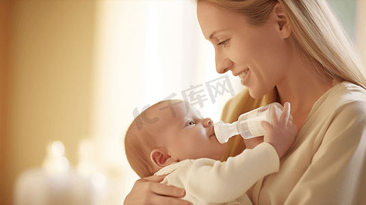 一个女人用奶瓶喂婴儿