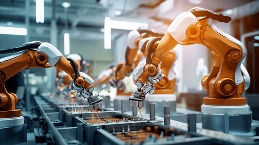 ps背景素材工业摄影照片_自动机器人在工厂流水线上工作。智能工厂工业4.0概念。
