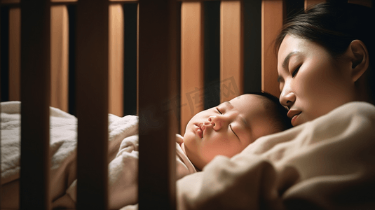 爱心盒饭摄影照片_睡在婴儿床婴儿旁边的女人