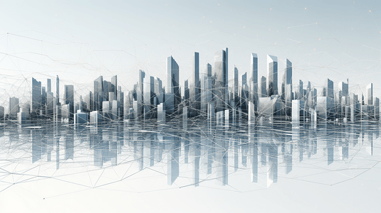 金融5h背景摄影照片_抽象的3D城市渲染有线条和数字元素。具有电线纹理的数字摩天大楼。技术和连接概念。带线框摩天大楼的透视架构背景。
