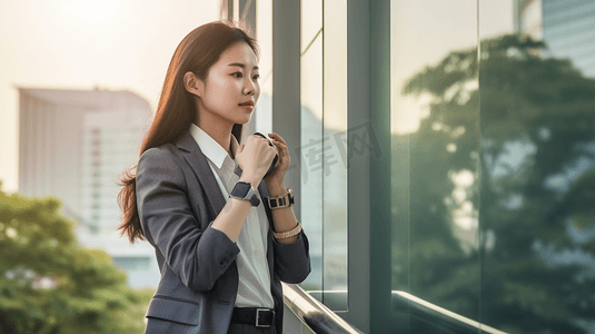 手表摄影照片_年轻的女商人的电话 望着远处的户外办公 检查智能手表 而在移动电话交谈。美丽的混血亚洲中国。
