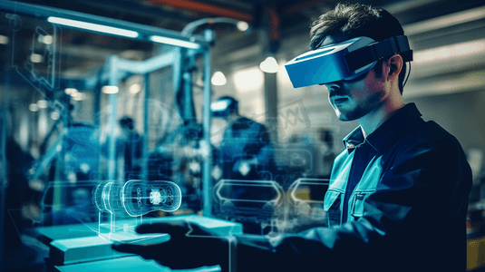 物联网工业4.0概念工业工程师(模糊)使用智能眼镜与增强混合虚拟现实技术来实时监控机器。智能工厂采用自动化机械臂

