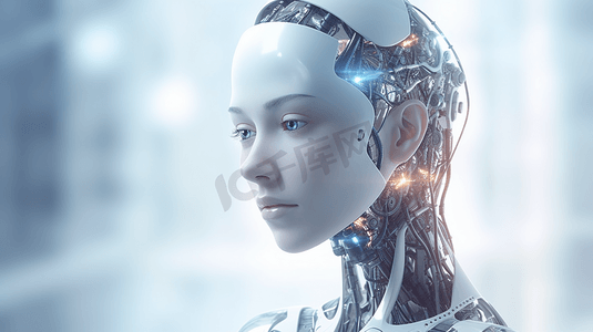 科学技术奖摄影照片_面向未来人类生活的机器人和半机械人发展的三维渲染人工智能AI研究。为计算机大脑设计的数字数据挖掘和机器学习技术。
