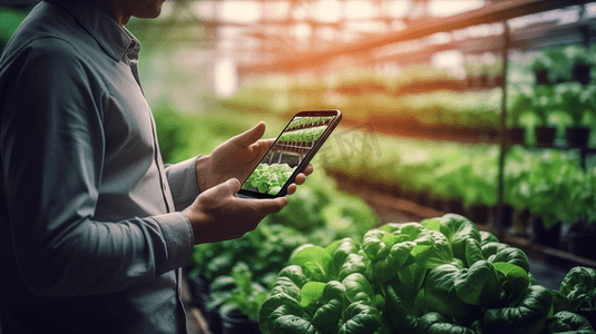 智慧农场摄影照片_农业技术与有机农业理念。农业科技的图标和信息，农民手持智能手机在蔬菜田。
