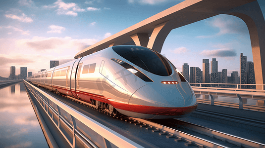 开摄影照片_桥上未来主义客运列车的3d模型。开得非常快。未来的概念。3 d渲染。
