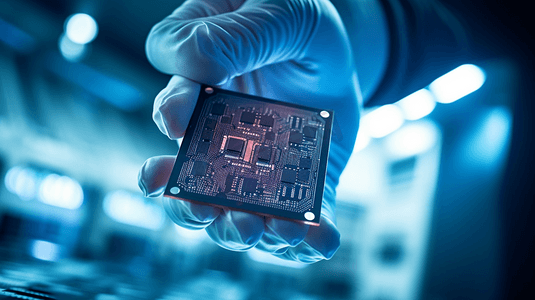 计算机科学家戴着手套近距离观察一种新型半导体微芯片。现代科技和硬件的发展