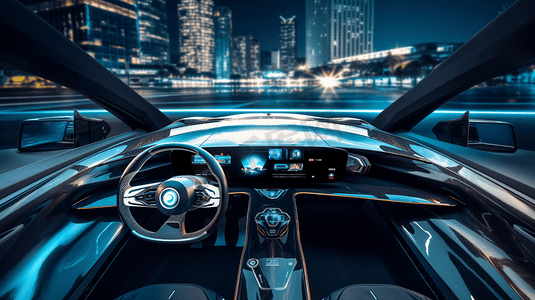 科技汽车摄影照片_未来汽车座舱。自主车。无人驾驶车辆。平视显示器(HUD)。GUI(图形用户界面)。IoT(物联网)。
