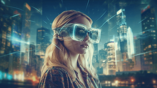 综艺惊讶摄影照片_穿着格子衬衫，戴着VR眼镜的年轻金发女子在夜晚的城市背景下惊讶不已。虚拟旅游的概念和高科技。调色图像双重曝光

