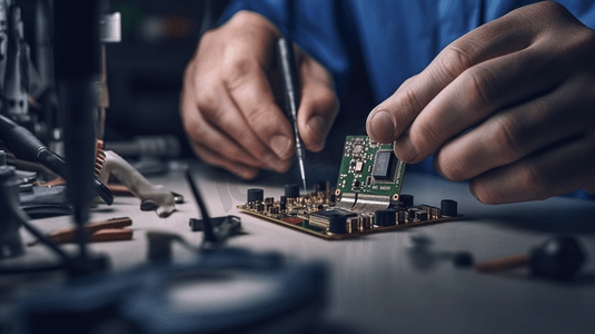 维修车间的电子改造。工程师在电路上工作。亚洲男性手焊接电脑组件的特写。