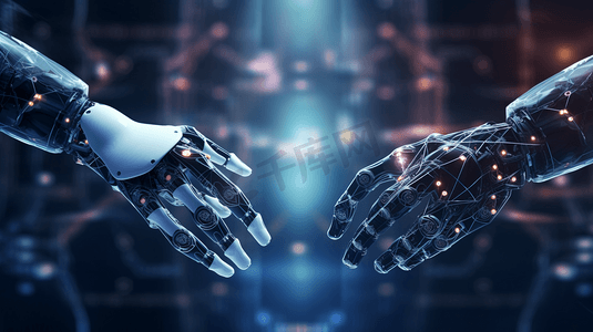 机器人的手和人类触摸全球虚拟网络连接未来接口。人工智能技术概念。
